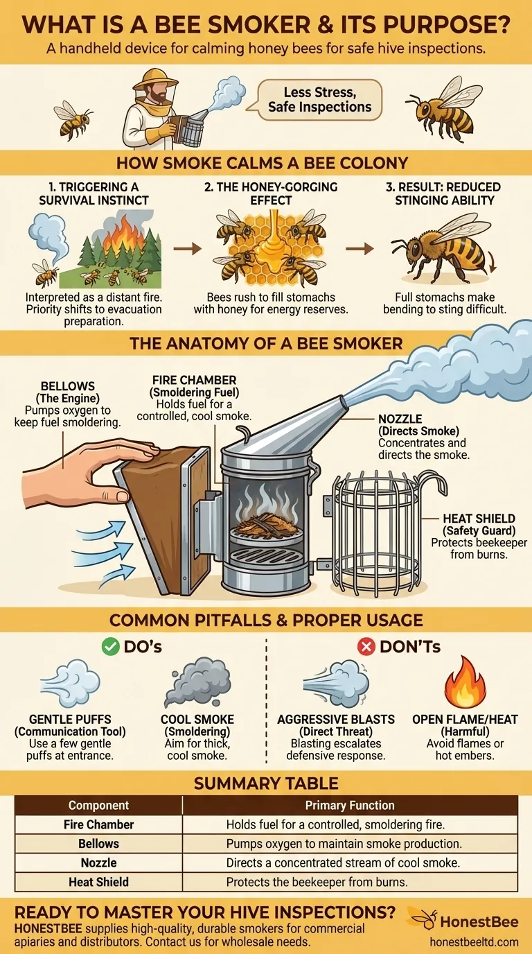 What is a bee smoker and what is its primary purpose? Master Safe Hive Inspections Visual Guide