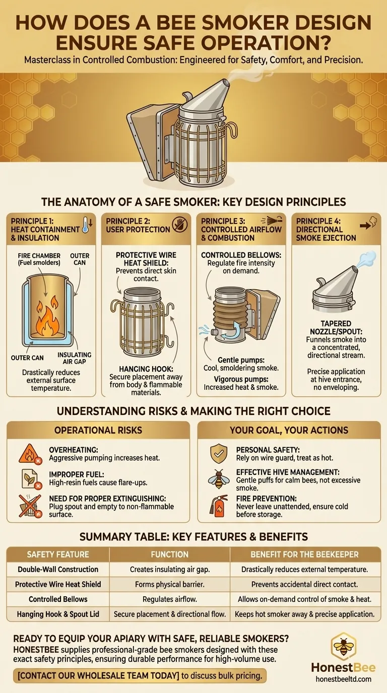 How does the design of a bee smoker ensure safe operation? Engineered for Controlled Combustion and User Safety Visual Guide