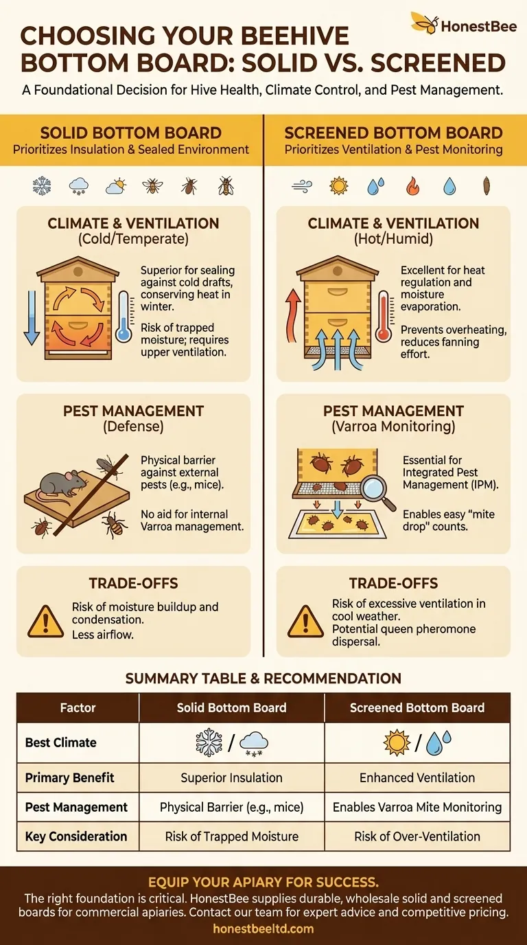 벌통 바닥판을 선택할 때 단단한 바닥판과 망사 바닥판 중 고려해야 할 요소는 무엇인가요? 번성하는 군집을 위한 가이드 시각적 가이드