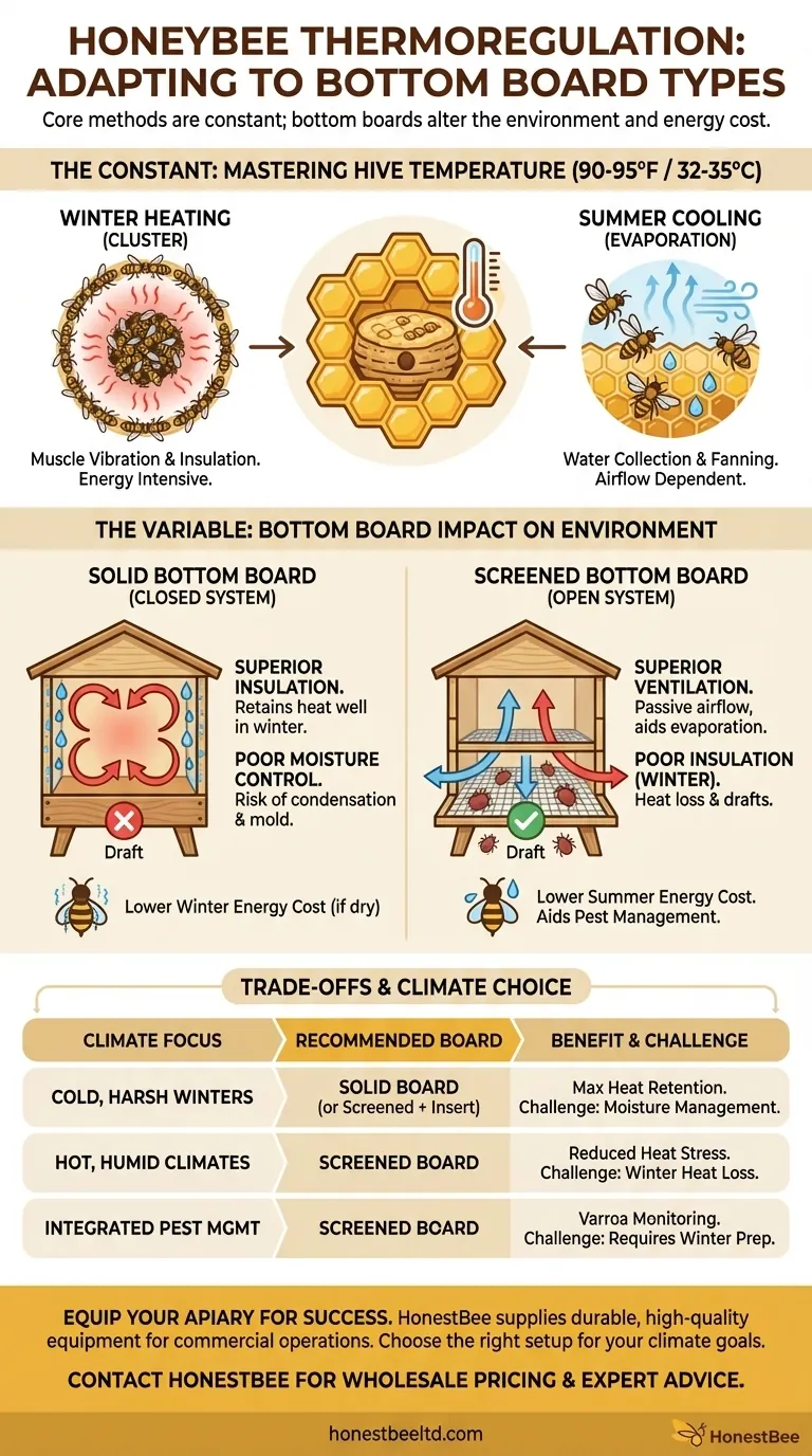 How do honeybees adapt to different bottom board types in terms of temperature regulation? Optimize Your Hive Climate Visual Guide