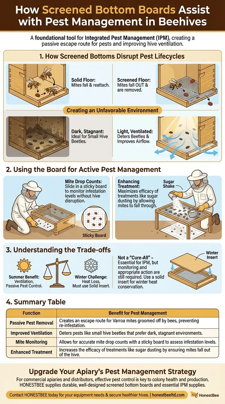 How can screened bottom boards assist with pest management in beehives? A Guide to IPM and Varroa Control Visual Guide
