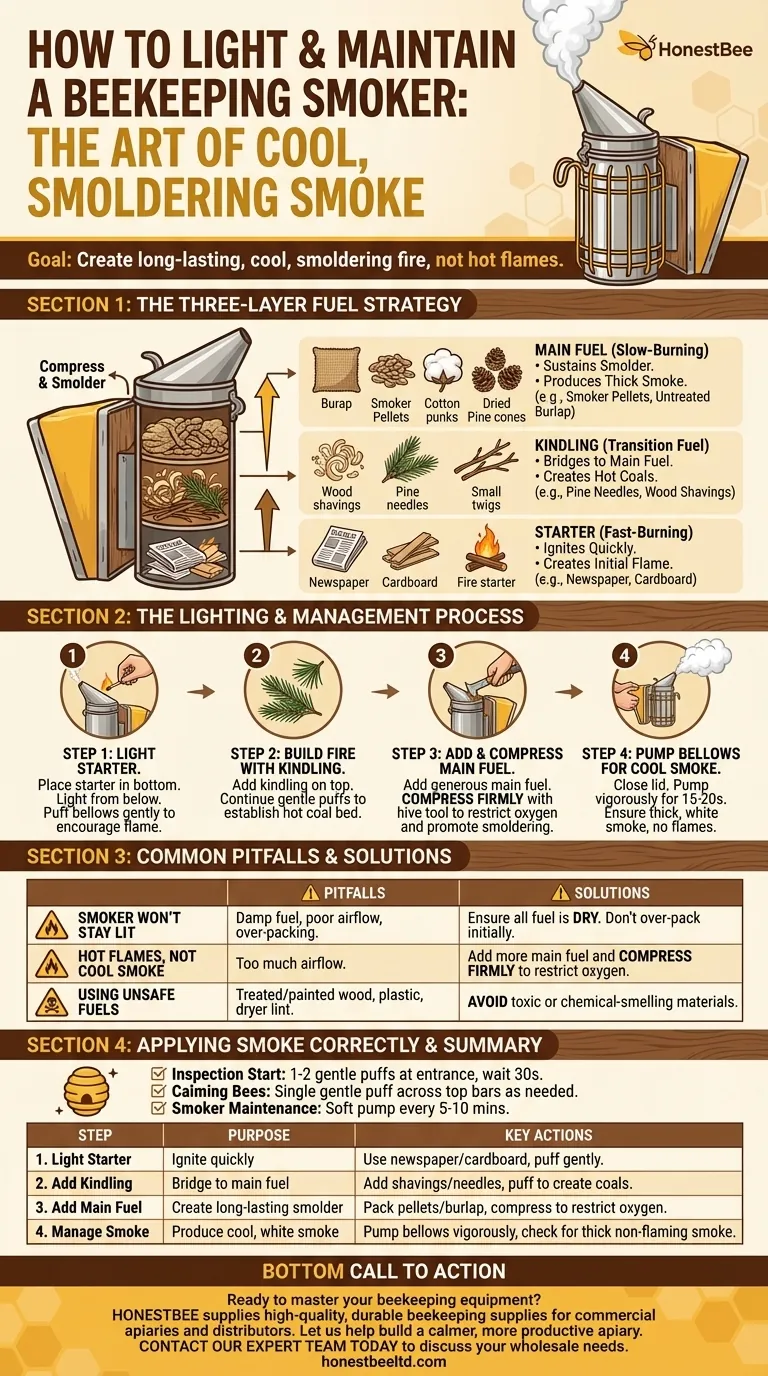 How do you prepare and light a beekeeping smoker? Master the 3-Layer Fuel Strategy for Calm Hives Visual Guide