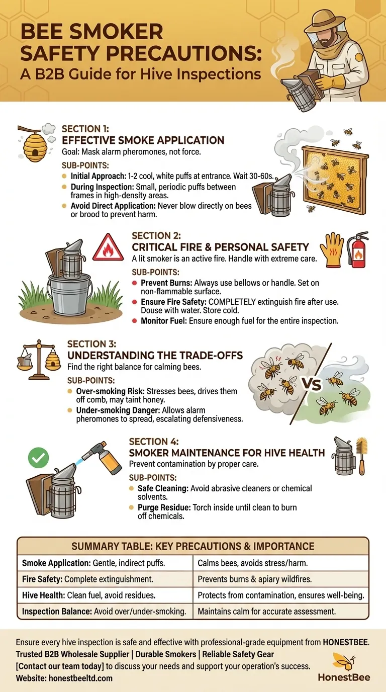 What precautions should be taken when using a smoker during hive inspections? Master Safe & Effective Hive Checks Visual Guide