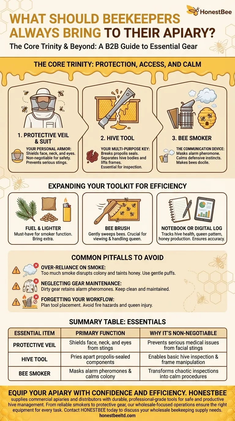 What should beekeepers always bring to their apiary? Master the Essential Gear for Safety & Success Visual Guide