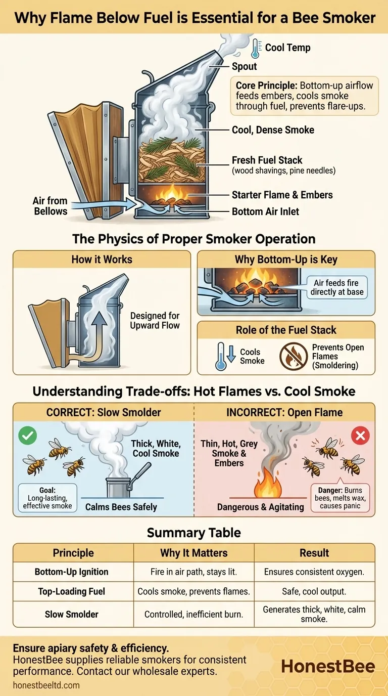 훈연기에서 불꽃을 연료 아래에 두는 것이 왜 중요할까요? 안전한 양봉의 핵심을 마스터하세요 시각적 가이드