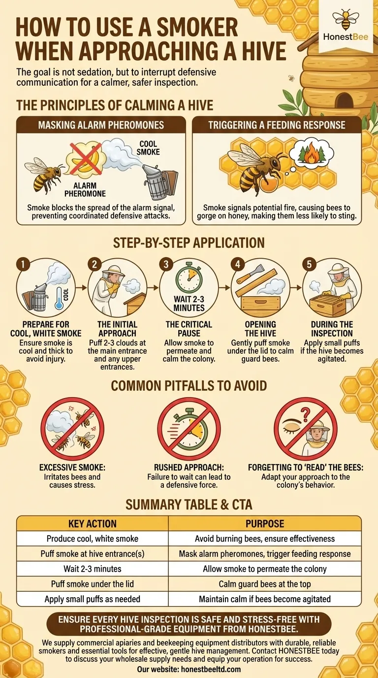 벌집에 접근할 때 훈연기를 어떻게 사용해야 할까요? 차분하고 안전한 양봉 마스터하기 시각적 가이드