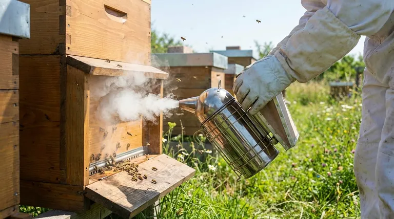 Como o fumigador deve ser usado ao se aproximar de uma colmeia? Domine a Apicultura Calma e Segura