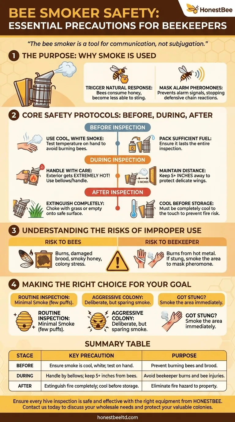 Que precauções devem ser tomadas ao usar um fumigador de abelhas? Garanta inspeções de colmeias seguras e eficazes Guia Visual