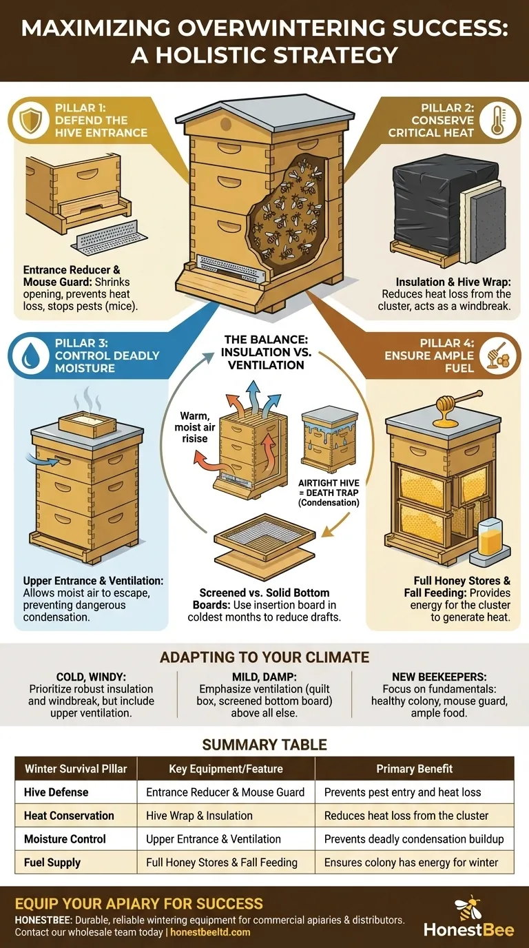 What additional feature can improve overwintering success for hives? Master the 4 Pillars of Winter Survival Visual Guide
