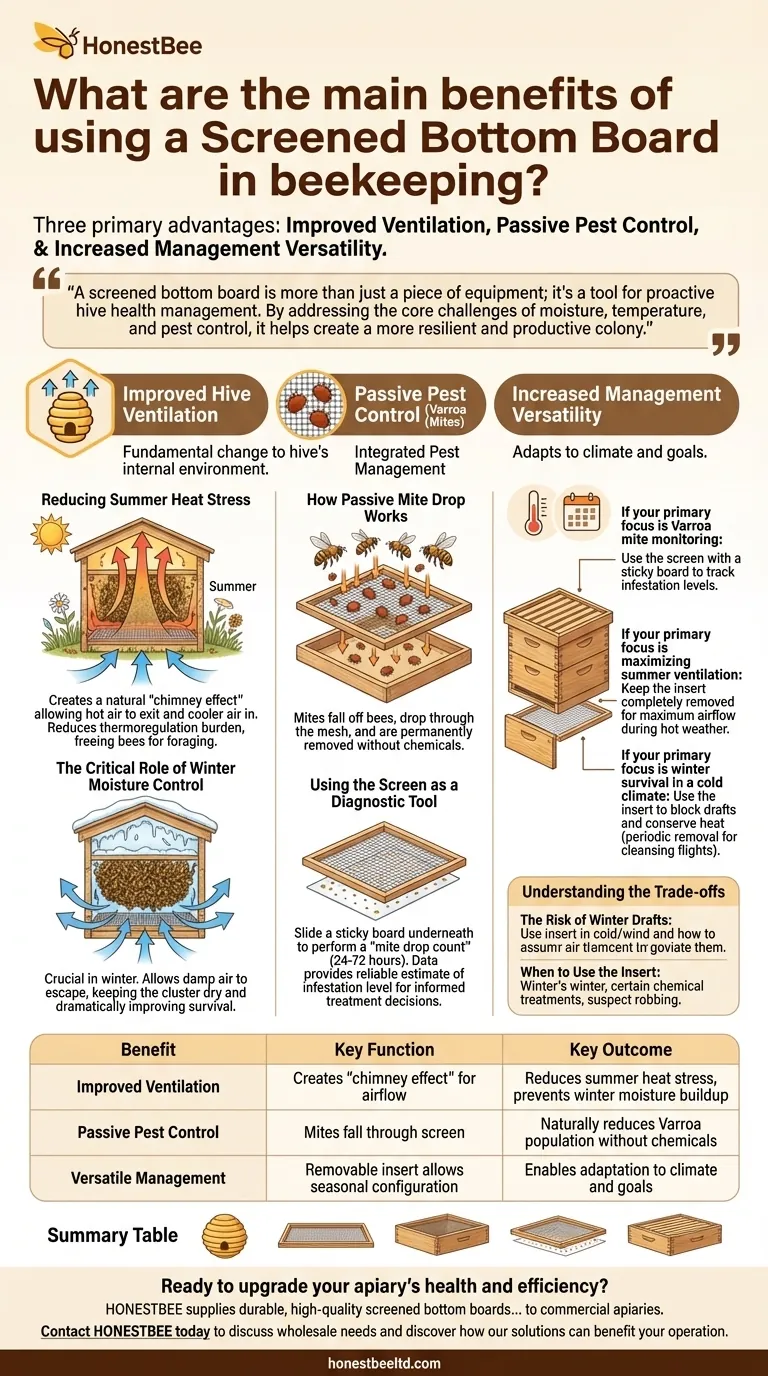 What are the main benefits of using a Screened Bottom Board in beekeeping? Enhance Hive Health & Productivity Visual Guide
