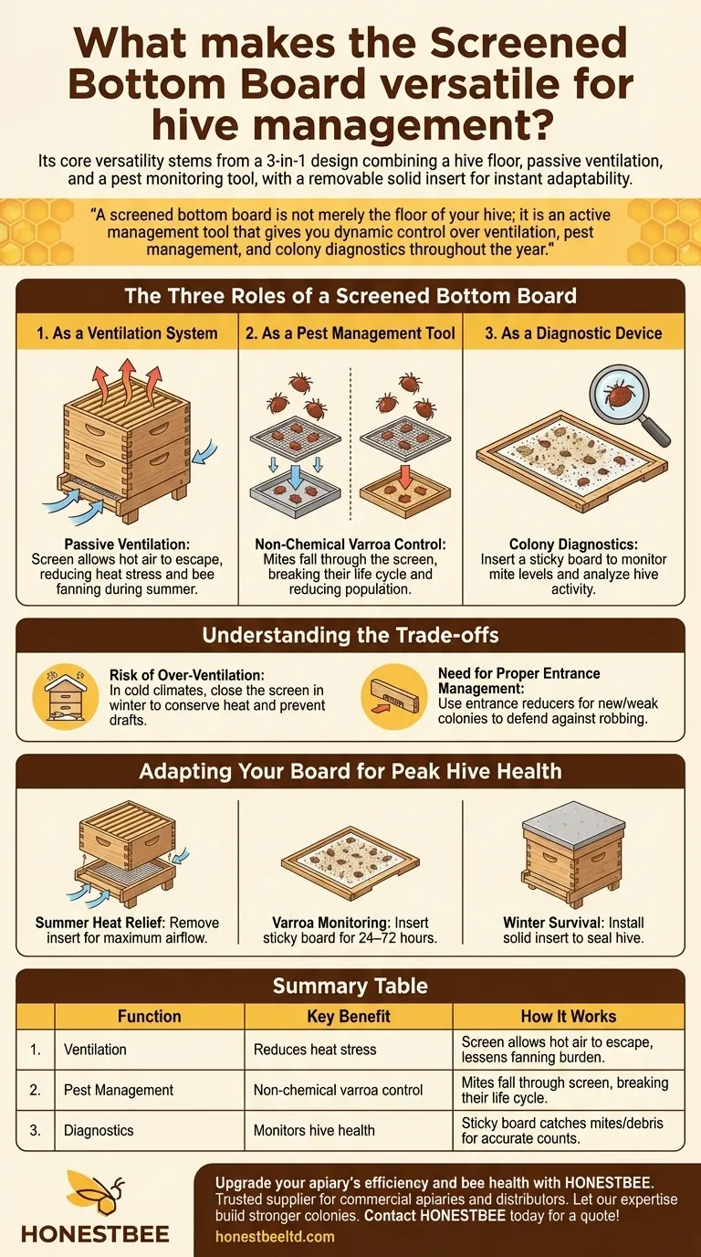 What makes the Screened Bottom Board versatile for hive management? A 3-in-1 Tool for Ventilation, Pest Control & Diagnostics Visual Guide