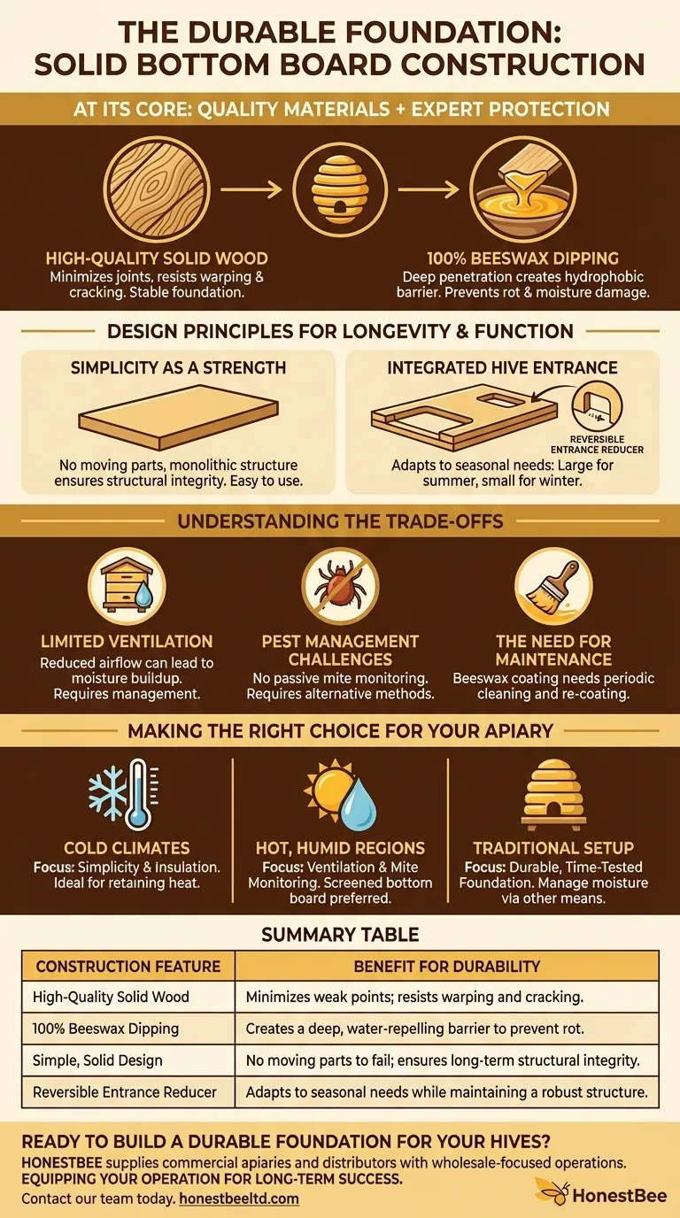 How is the solid bottom board constructed to ensure durability? Built for Longevity with Quality Wood & Beeswax Visual Guide