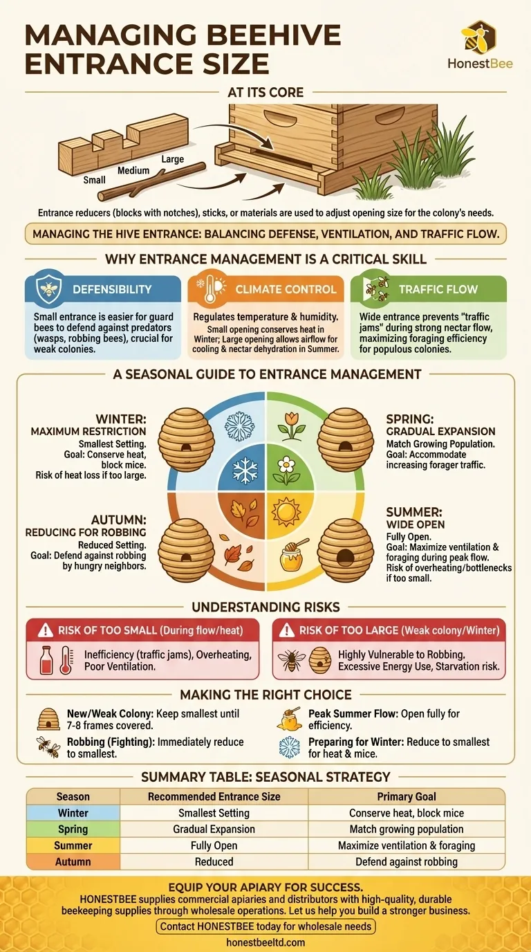 How can a beekeeper manage the entrance size of a beehive? A Seasonal Guide for Colony Health Visual Guide