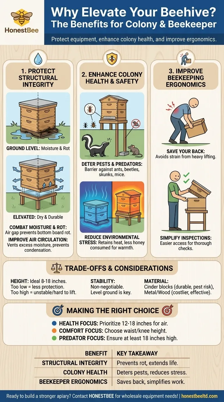 Why is it beneficial to elevate a beehive off the ground? Protect Your Hive and Your Back Visual Guide
