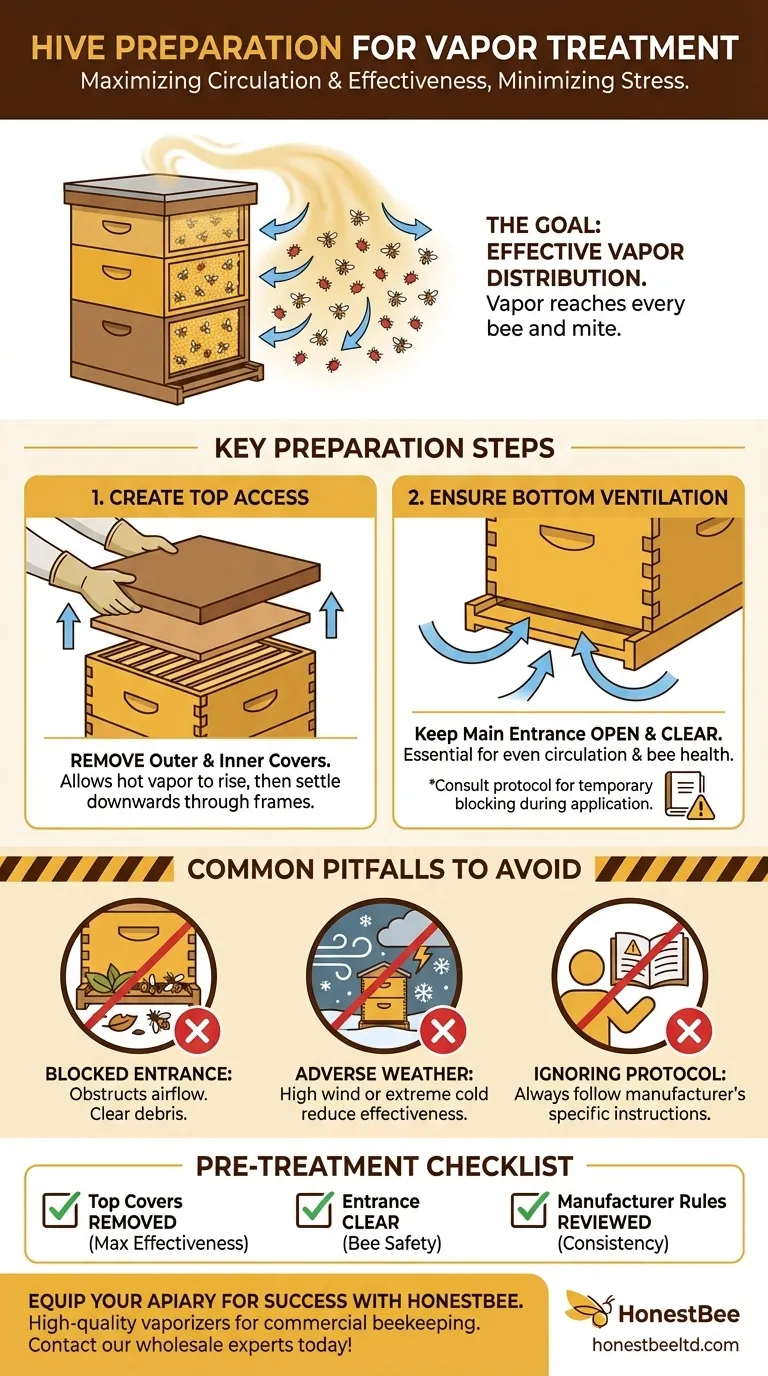 How should the hive be prepared before applying the vapor? Ensure Maximum Mite Treatment Effectiveness Visual Guide