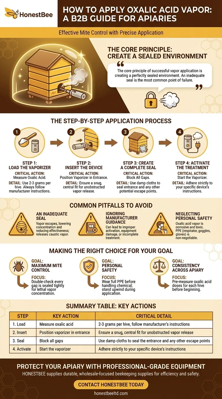 How is the vaporizer inserted and the vapor applied? Master Oxalic Acid Treatment for Varroa Mite Control Visual Guide