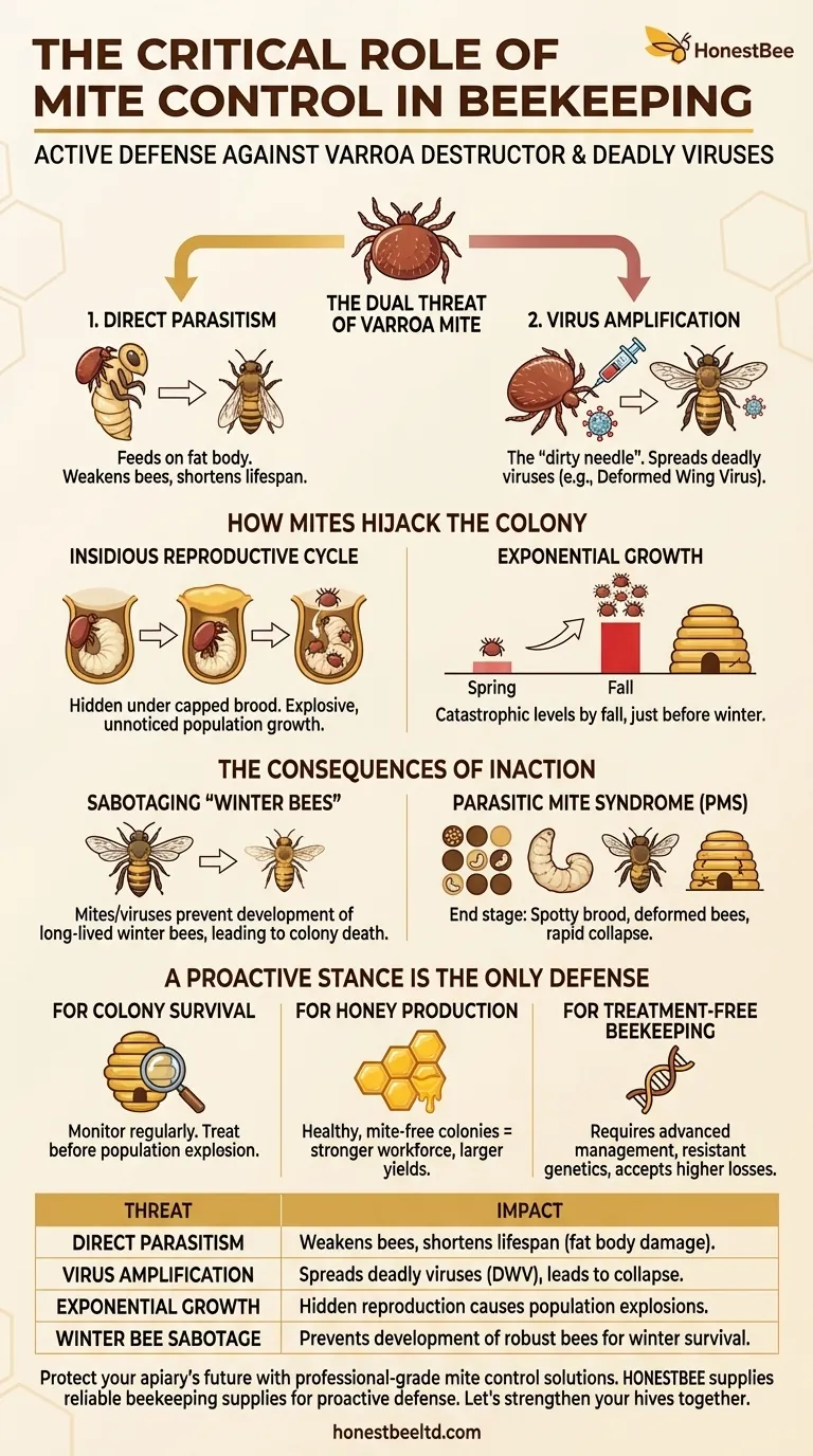 양봉에서 진드기 방제의 중요한 역할은 무엇인가요? 군집 붕괴를 방지하고 벌통 건강을 보장합니다. 시각적 가이드