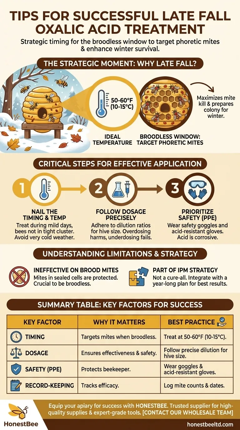 ¿Cuáles son algunos consejos para un tratamiento exitoso con ácido oxálico a fines del otoño? Maximice el control de ácaros para la supervivencia invernal Guía Visual