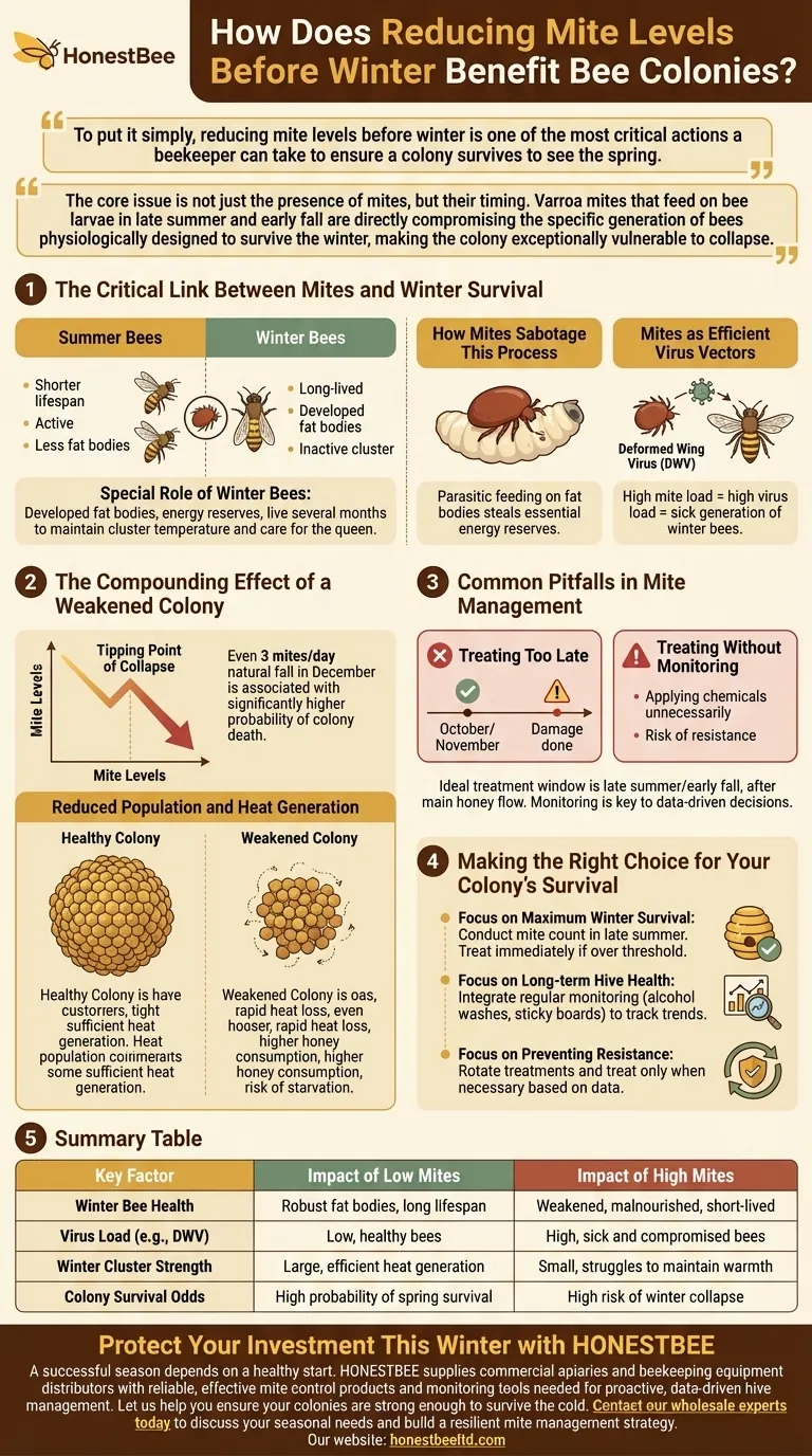 How does reducing mite levels before winter benefit bee colonies? Secure Your Hive's Survival Visual Guide