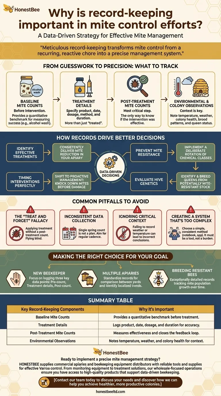 Why is record-keeping important in mite control efforts? Transform Your Varroa Management with Data Visual Guide