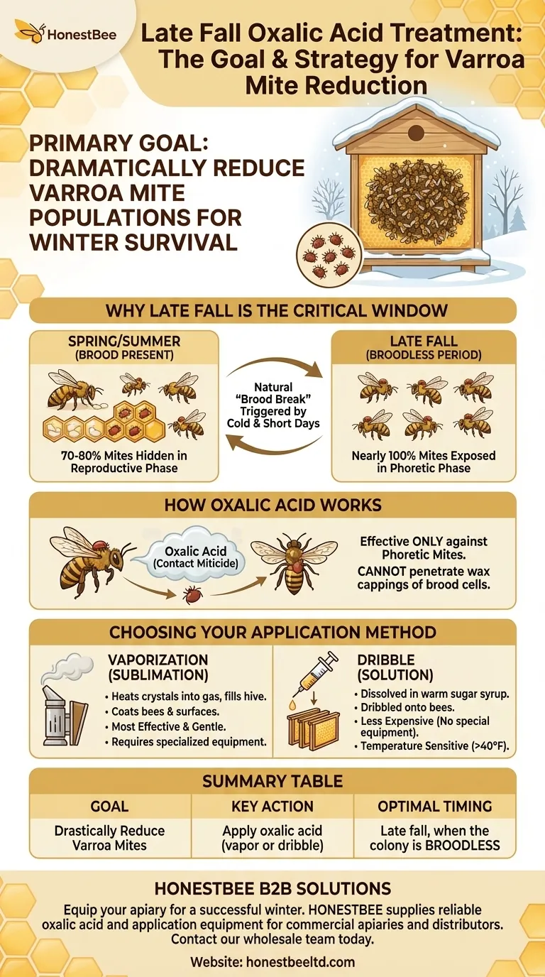 What is the overall goal of using oxalic acid in late fall for beekeepers? Maximize Winter Survival with a Broodless Treatment Visual Guide