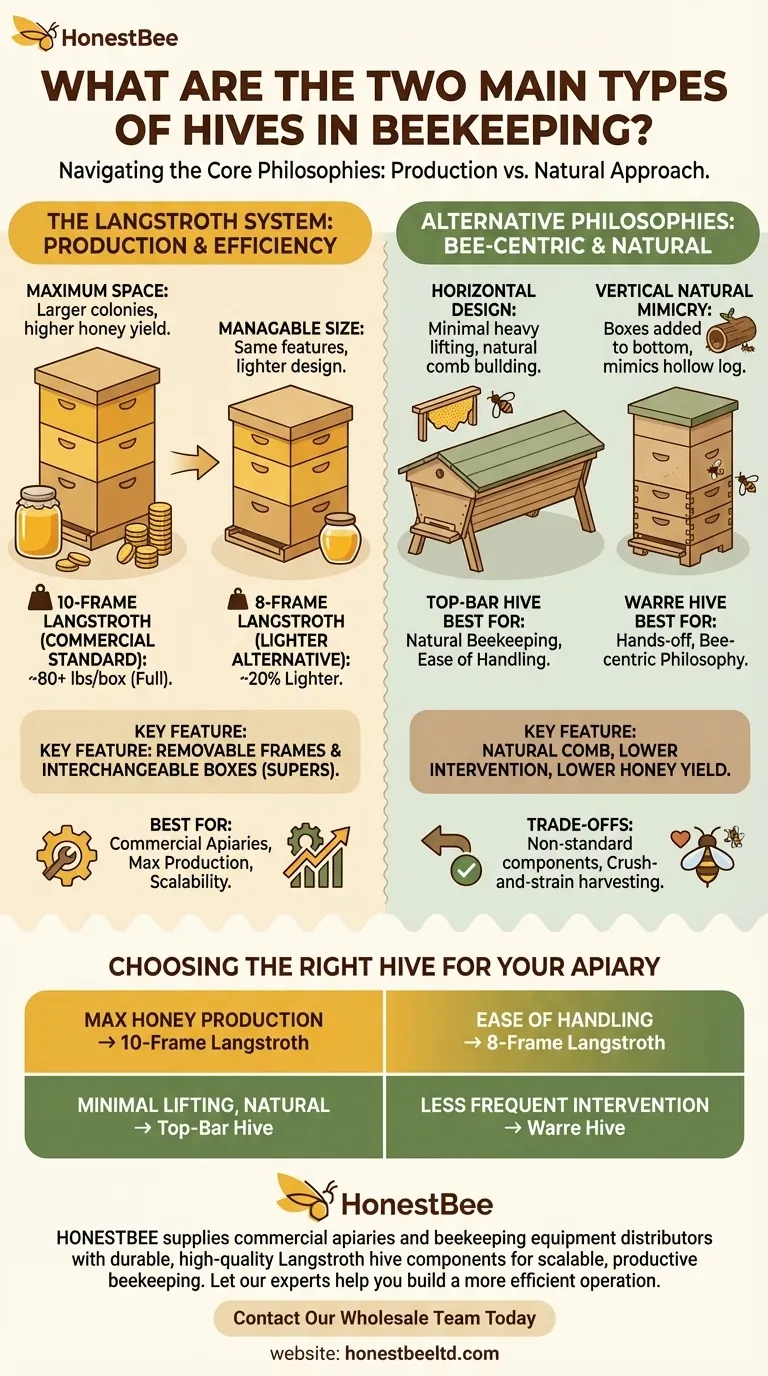 What are the two main types of hives in beekeeping? Langstroth vs. Alternative Hive Systems Visual Guide