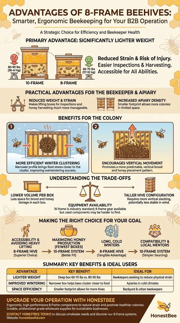 What are the advantages of 8-frame beehives? A Lighter, More Manageable System for Your Apiary Visual Guide