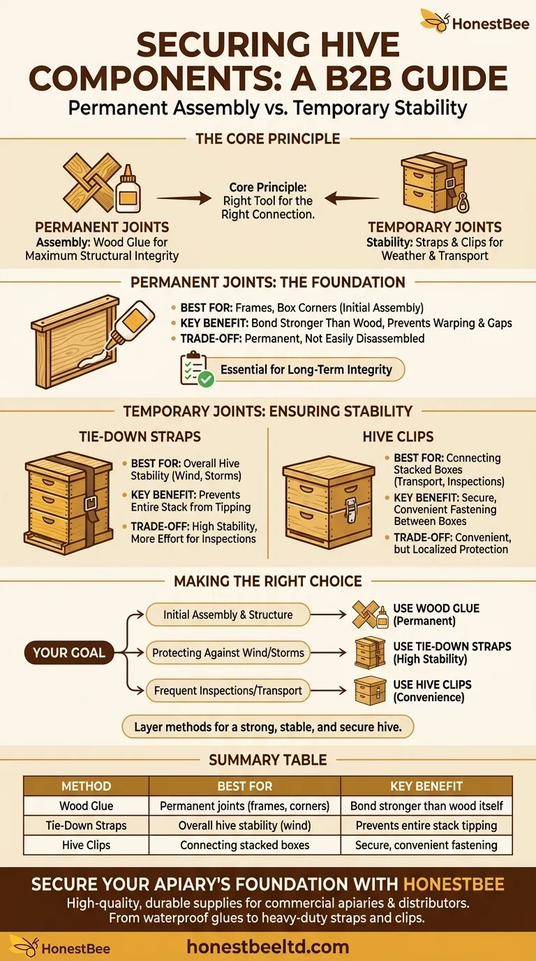 What is recommended for securing hive component joints? Build a Strong, Stable Hive Visual Guide