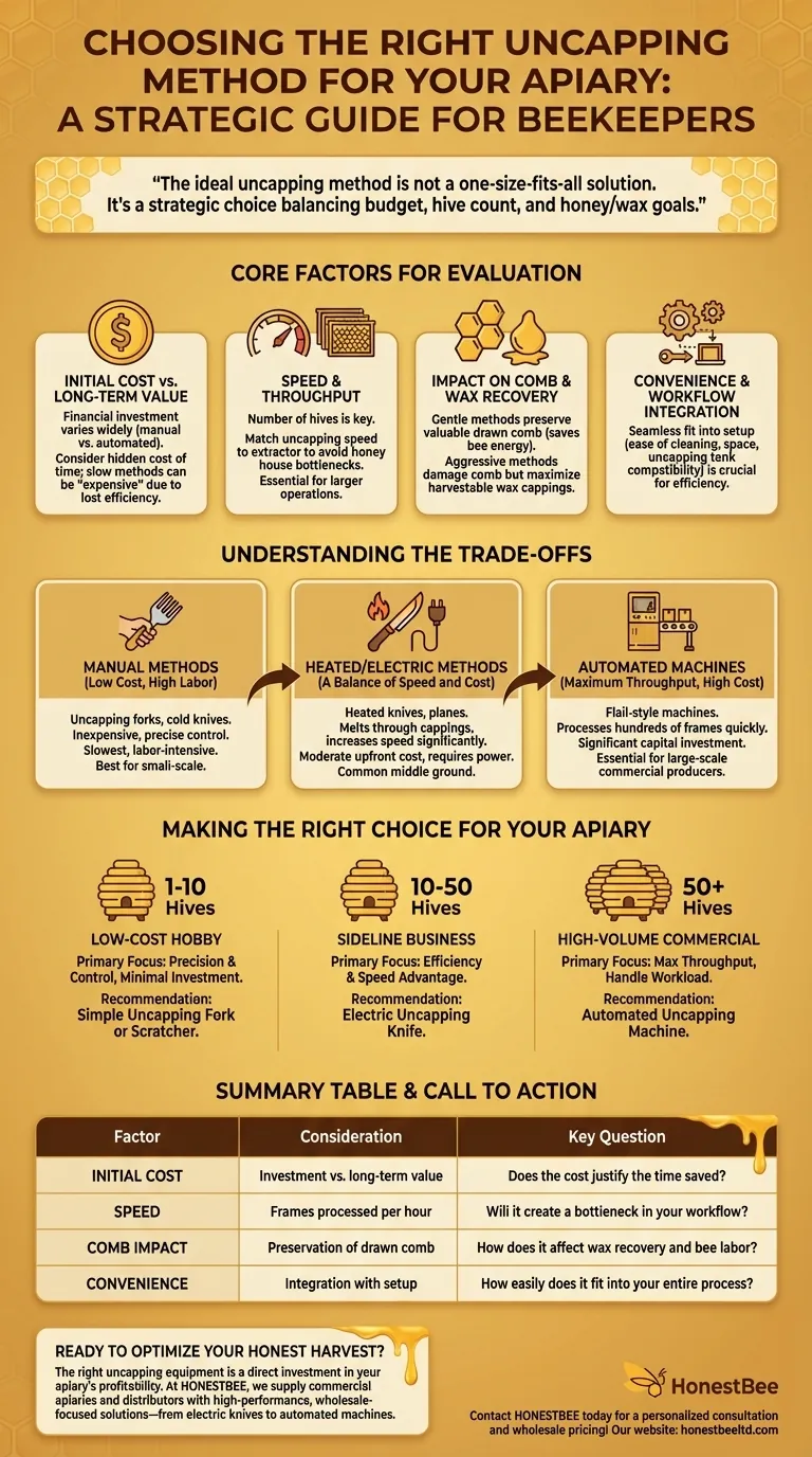 What should beekeepers consider when choosing an uncapping method? Boost Honey Harvest Efficiency & Profitability Visual Guide