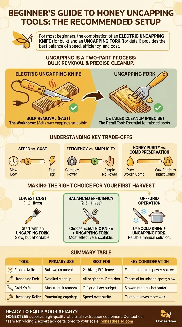 What is the overall recommendation for beginner beekeepers regarding uncapping tools? Master Your First Honey Harvest Visual Guide