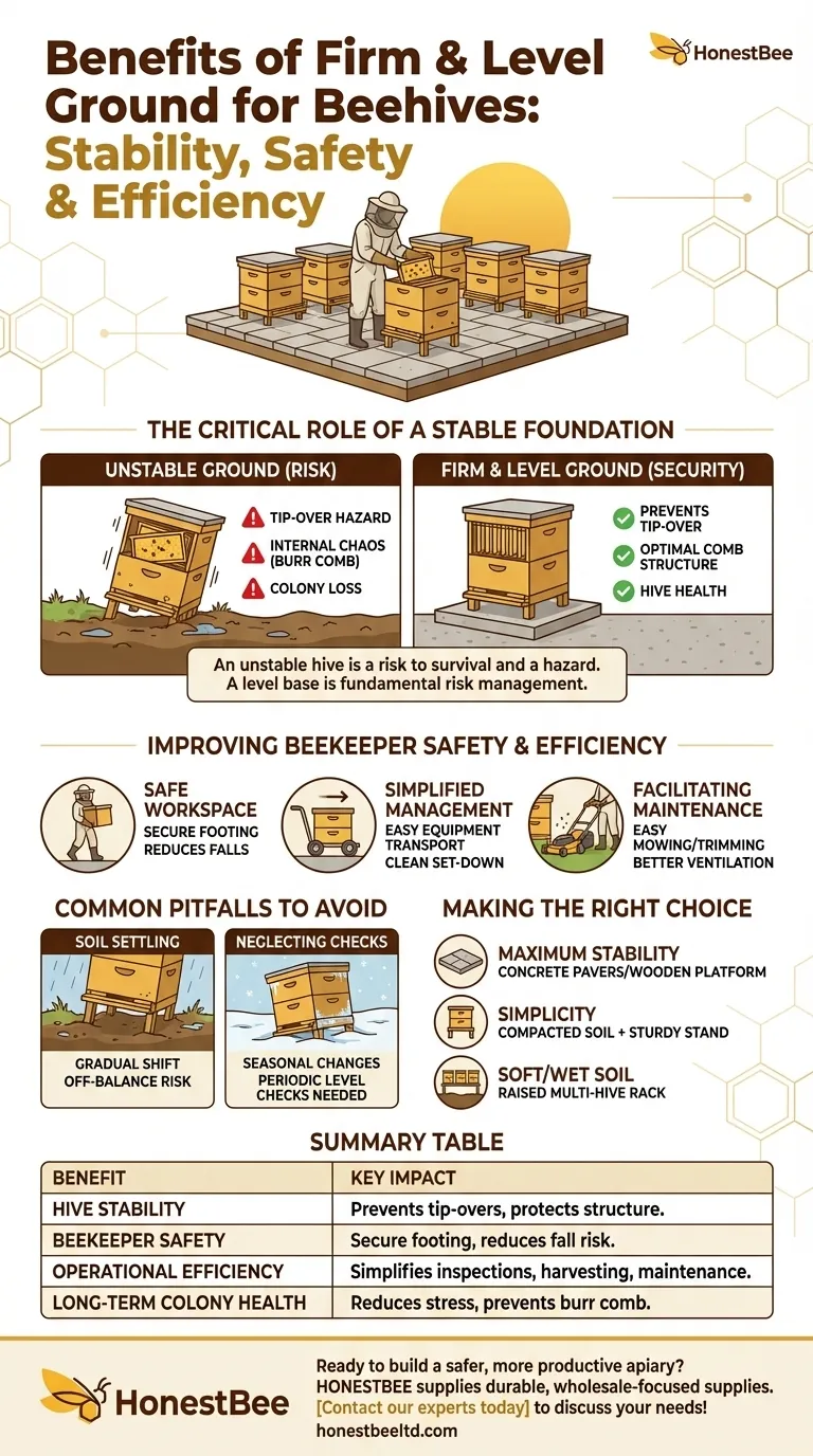 蜂の巣の周りにしっかりとした平らな地面があることの利点は何ですか？ 巣箱の安定性と養蜂家の安全を確保します ビジュアルガイド