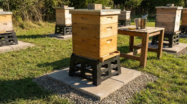 蜂の巣の周りにしっかりとした平らな地面があることの利点は何ですか? 巣箱の安定性と養蜂家の安全を確保します