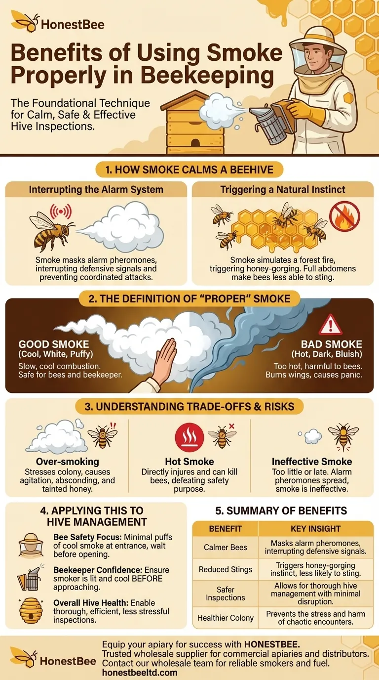양봉에서 연기를 적절히 사용하는 것의 이점은 무엇인가요? 침착하고 안전한 벌통 검사를 달성하세요 시각적 가이드
