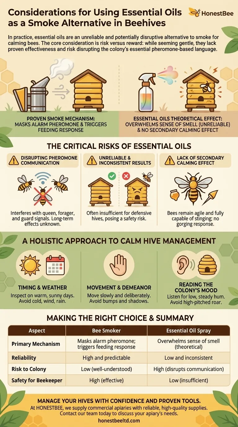 ミツバチの巣箱で煙の代替品としてエッセンシャルオイルを使用する際の考慮事項は何ですか？安全で効果的な巣箱管理ガイド ビジュアルガイド
