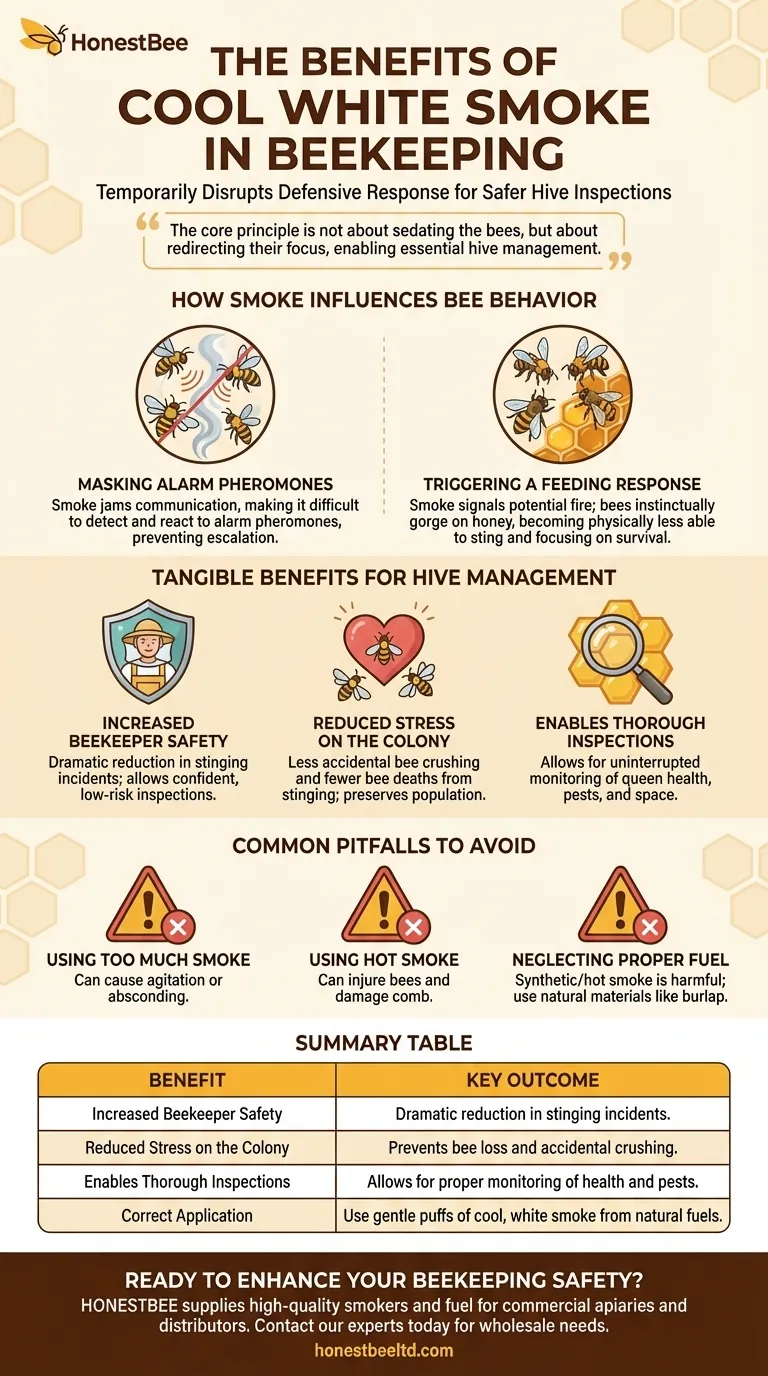 What are the benefits of using cool white smoke in beekeeping? Achieve Safer, Calmer Hive Inspections Visual Guide