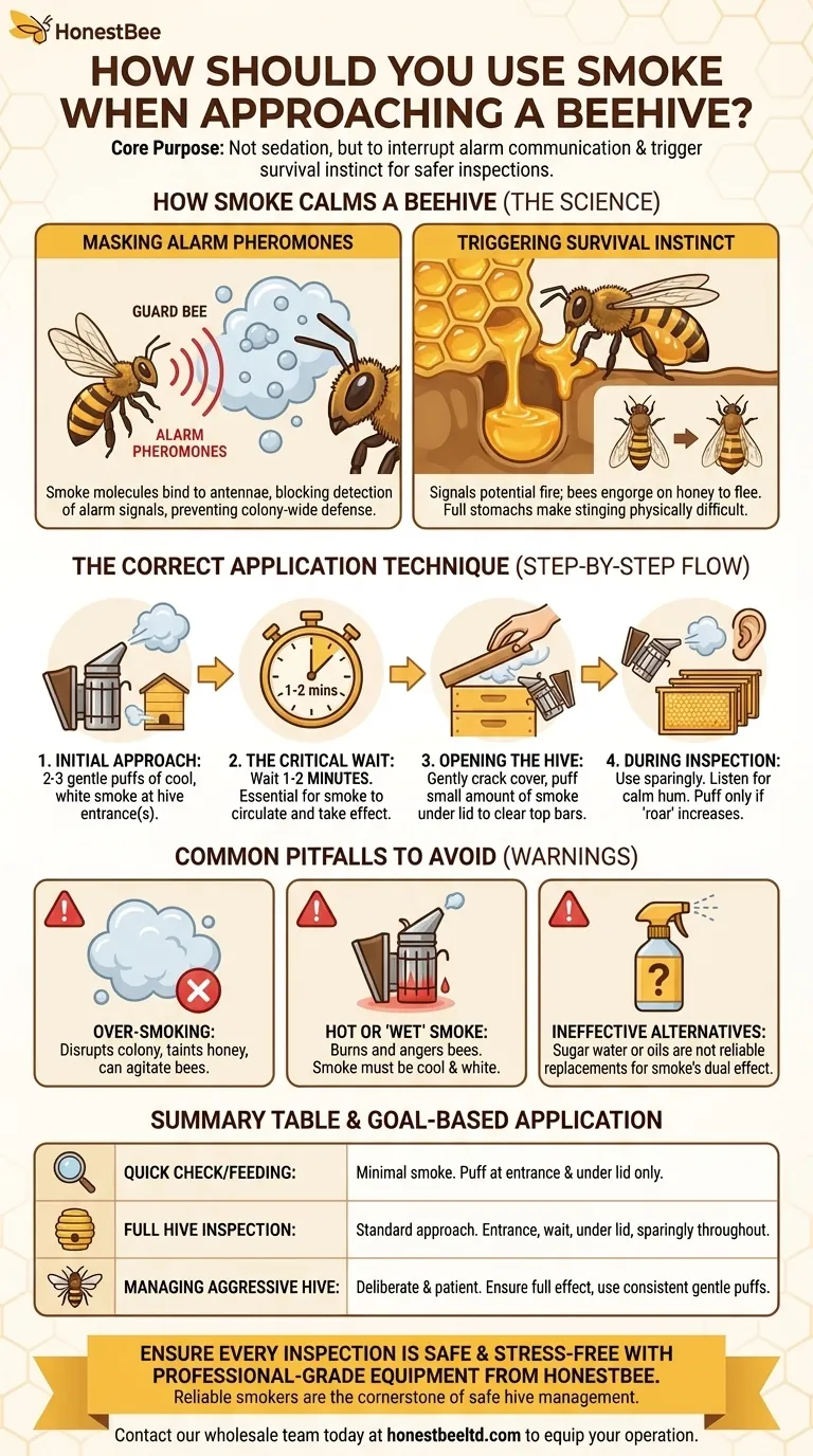 How should you use smoke when approaching a beehive? Master the Art of Safe Hive Inspection Visual Guide