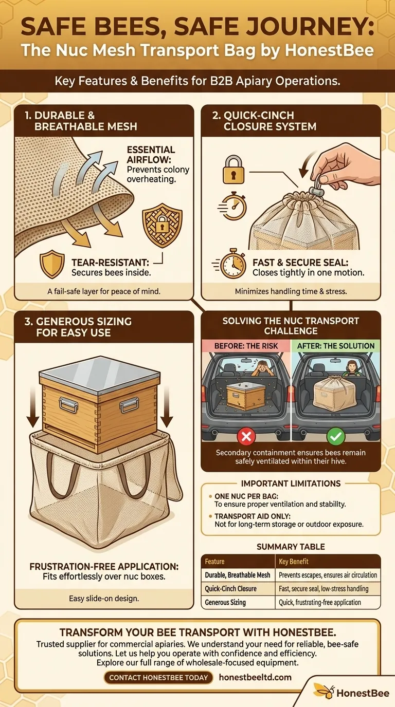 누크 메쉬 운송 가방의 주요 특징은 무엇입니까? 벌의 안전하고 환기가 잘 되는 운송을 보장합니다. 시각적 가이드