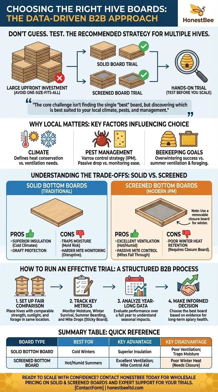 여러 개의 벌통을 관리할 때 다양한 종류의 벌통 바닥판(hive boards) 중에서 선택하는 권장 접근 방식은 무엇입니까? 시각적 가이드