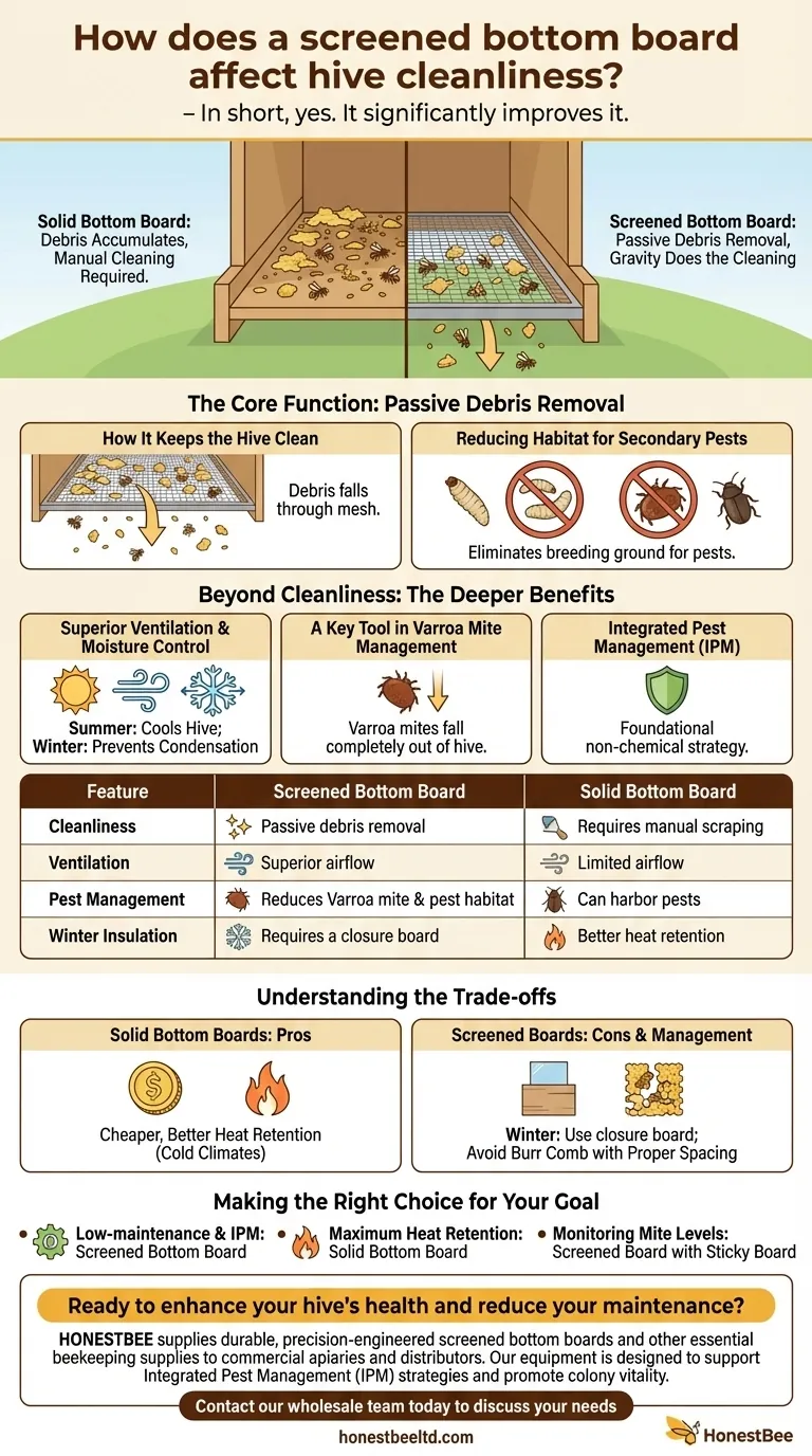 스크린 바닥판은 벌통 청결에 어떤 영향을 미치나요? 수동 청소로 벌통 건강 개선 시각적 가이드