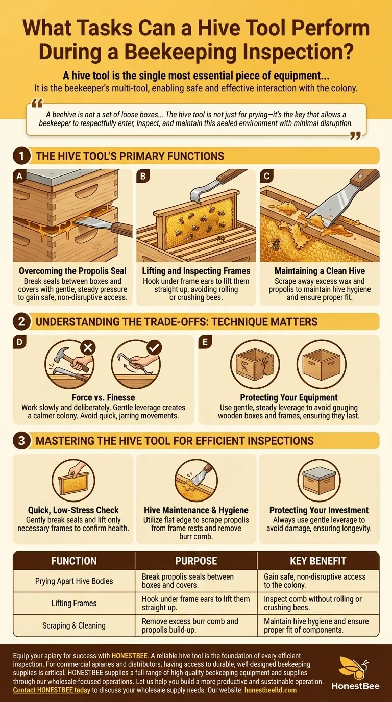 What tasks can a hive tool perform during a beekeeping inspection? The Essential Multi-Tool for Apiary Management Visual Guide