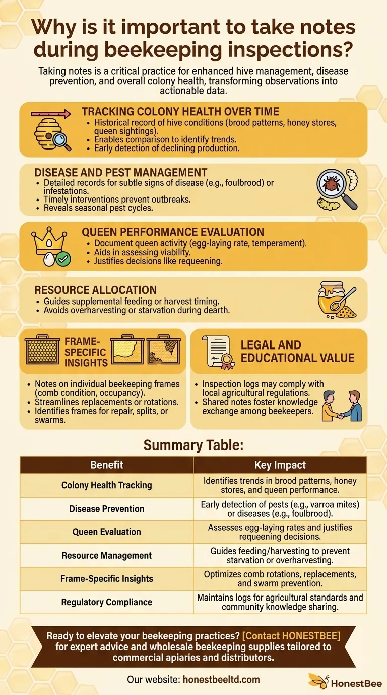 Why is it important to take notes during beekeeping inspections? Boost Hive Health & Productivity Visual Guide