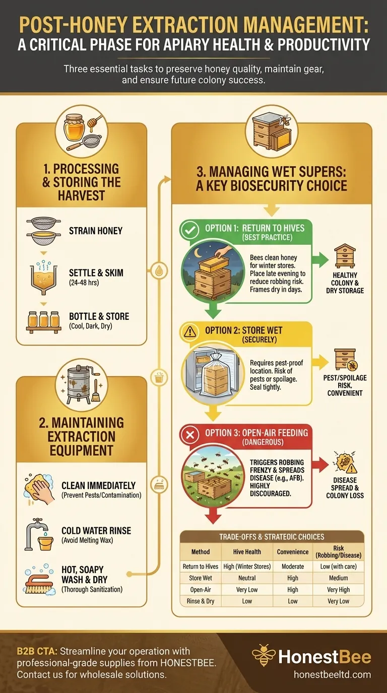 Que doit faire un apiculteur après avoir extrait le miel des hausses ? Un guide sur la gestion de la récolte Guide Visuel