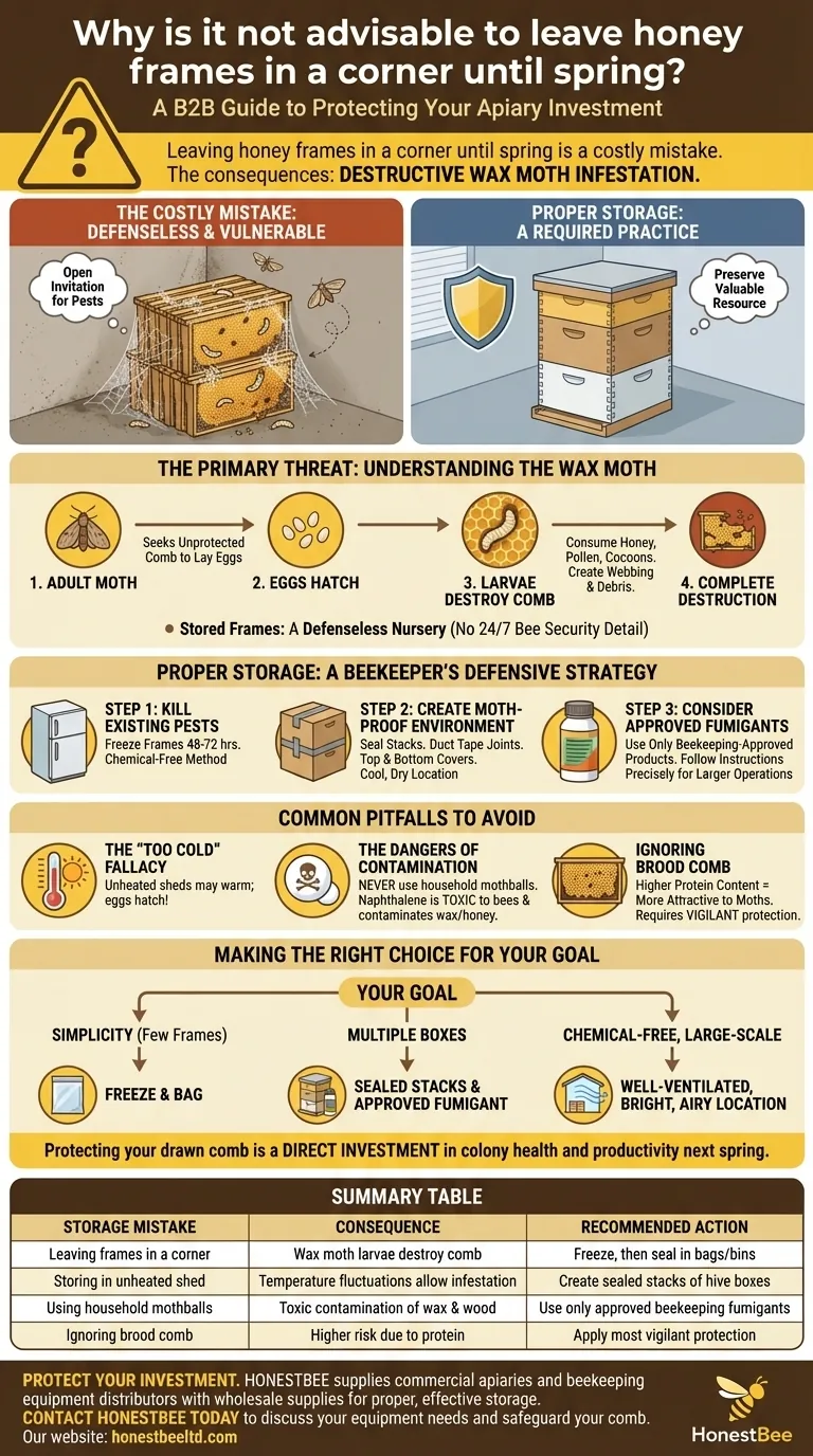 왜 봄까지 꿀벌집 틀을 구석에 두는 것이 바람직하지 않을까요? 꿀벌집을 밀랍나방으로부터 보호하세요 시각적 가이드