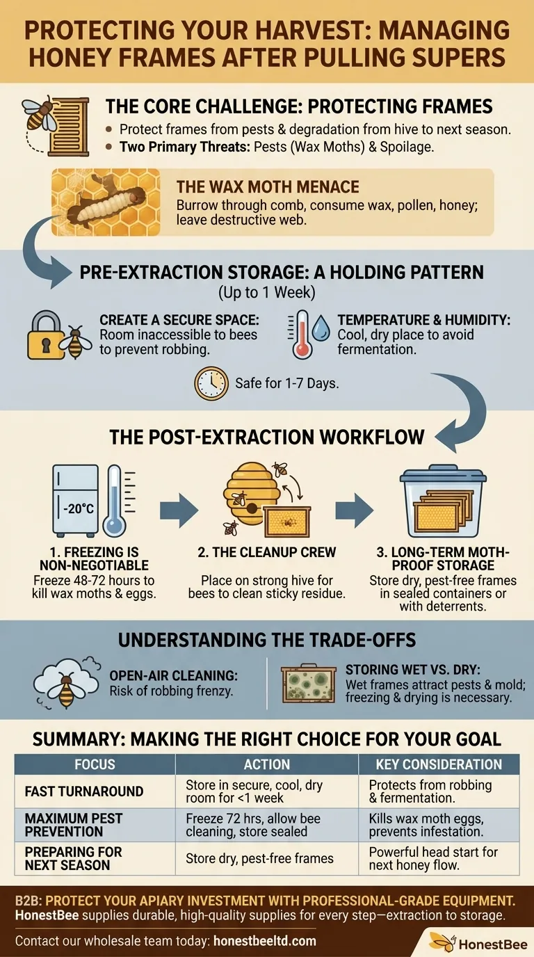 꿀벌집을 즉시 채밀하지 못할 경우 어떻게 해야 하나요? 최대 수확량을 위해 수확물을 안전하게 보관하세요 시각적 가이드