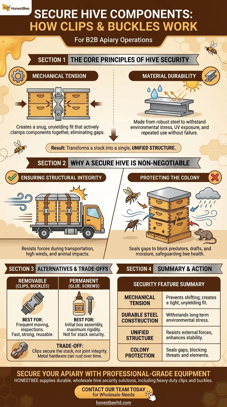 벌통 클립과 버클이 벌통 구성 요소를 안전하게 고정하는 이유는 무엇인가요? 양봉장을 위한 필수 보호 장치 시각적 가이드
