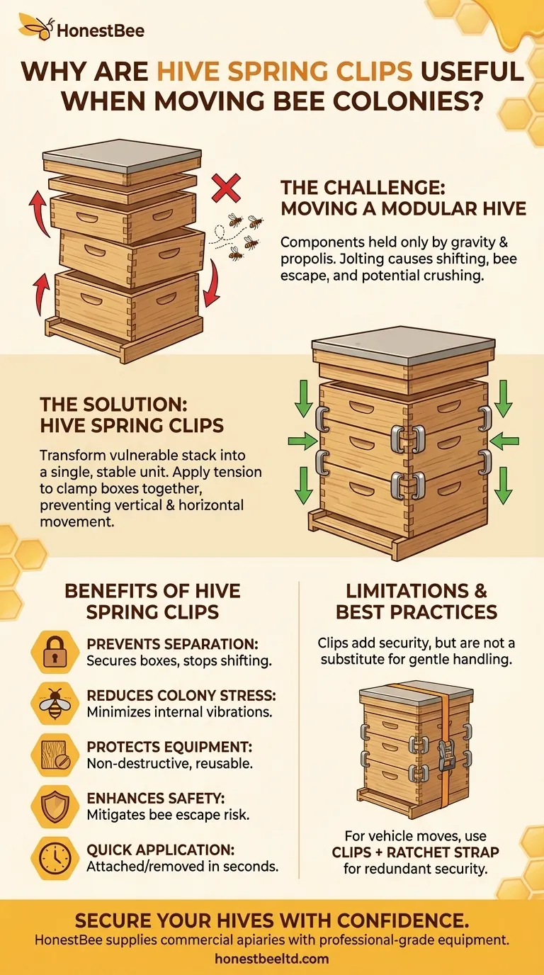Why are Hive Spring Clips useful when moving bee colonies? Ensure Hive Stability and Colony Safety Visual Guide