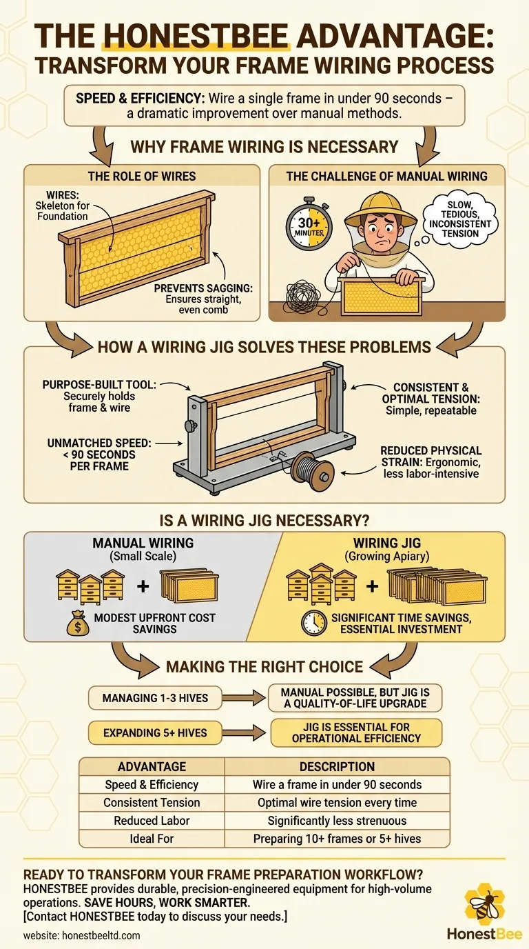 벌통 프레임 와이어링 지그의 장점은 무엇인가요? 벌통 준비 시간을 획기적으로 단축 시각적 가이드