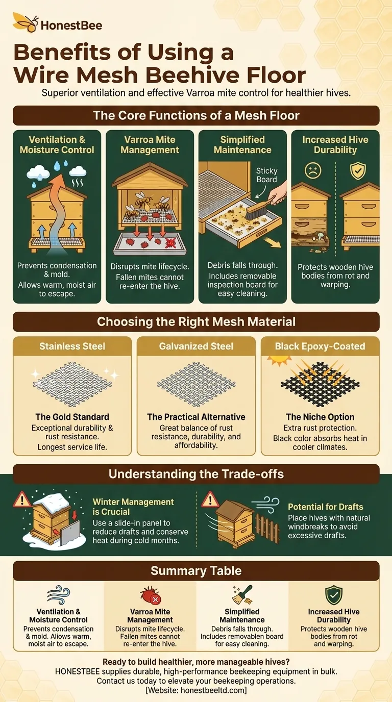 ¿Cuáles son los beneficios de usar una malla metálica para el piso de una colmena? Mejora la ventilación y el control de los ácaros Varroa Guía Visual