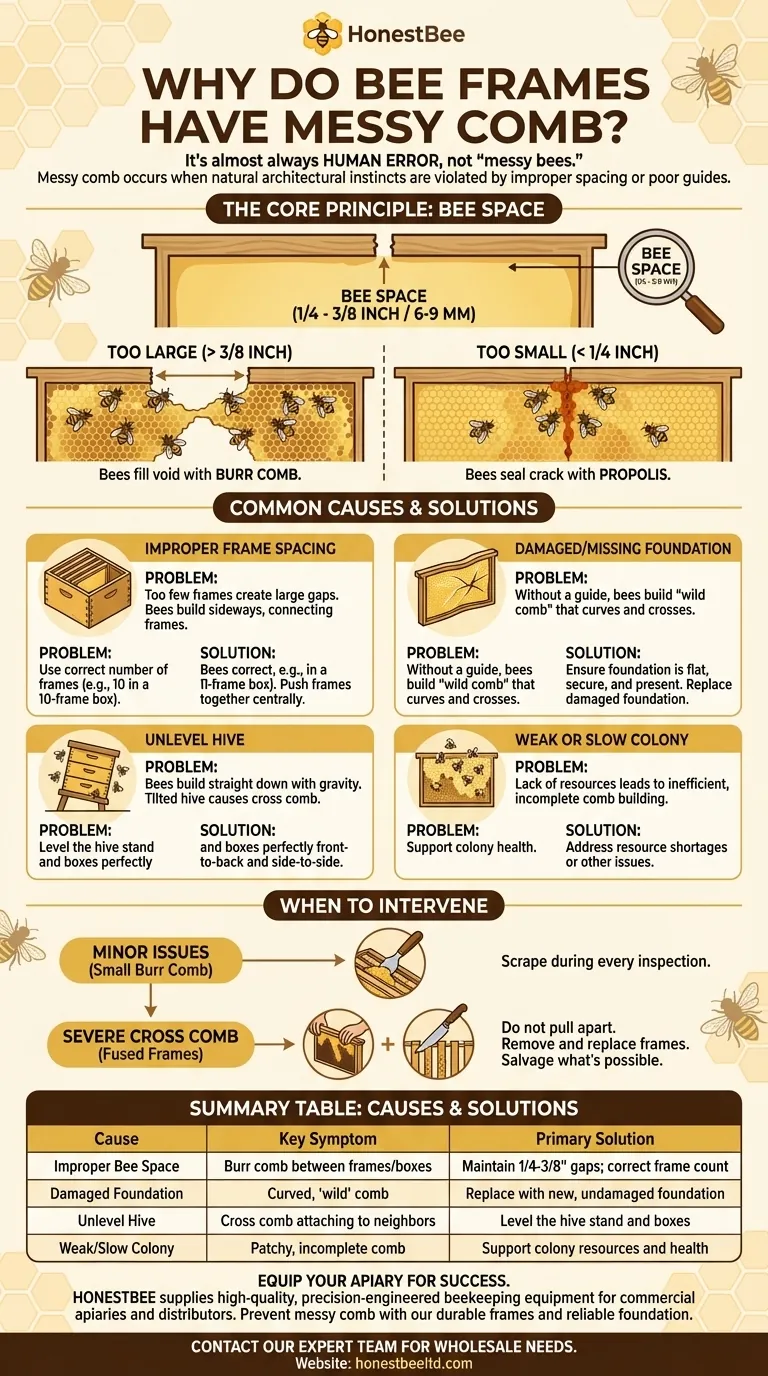What are some reasons bee frames might have messy comb? Fix Improper Bee Space & Foundation Issues Visual Guide