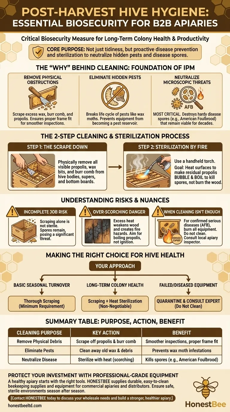 꿀 수확 후 벌통과 프레임을 청소하는 목적은 무엇인가요? 건강한 군집을 위한 필수 생물보안 조치 시각적 가이드